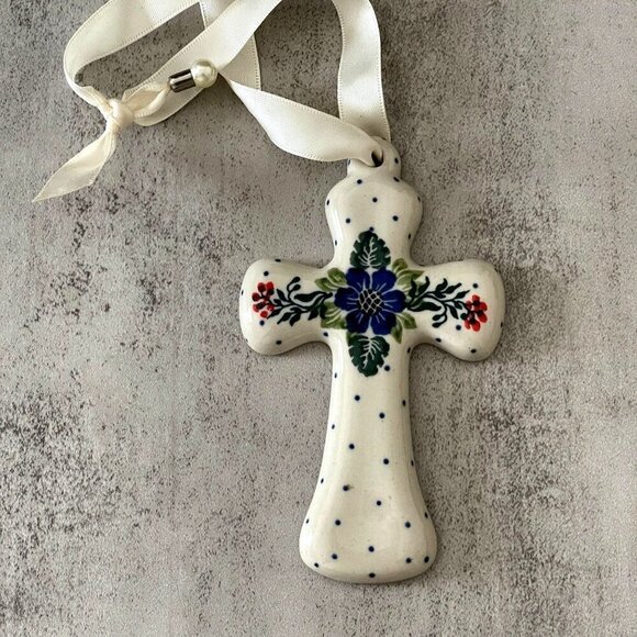 Ceramika Artystyczna Polish Cross Hand Painted Stoneware Wall Hanging 5" x 3" - Picture 1 of 6